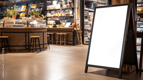 Blank billboard in front of restaurant, mockup sign for advertising promotion
