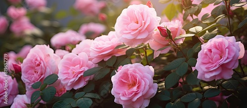 A garden with a pink rosebush close up showcasing blooming roses and rosebuds with a copy space image