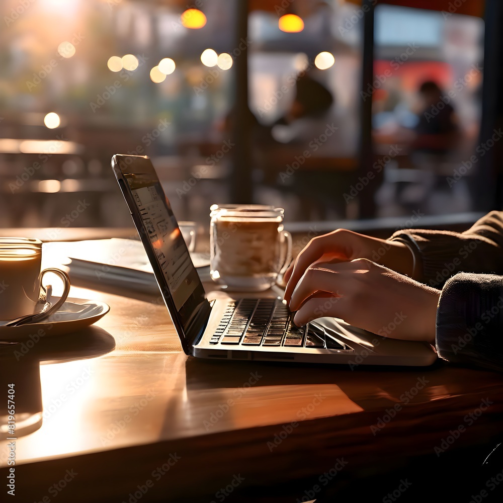 Work from anywhere concept. Someone is typing on a laptop in a cafe