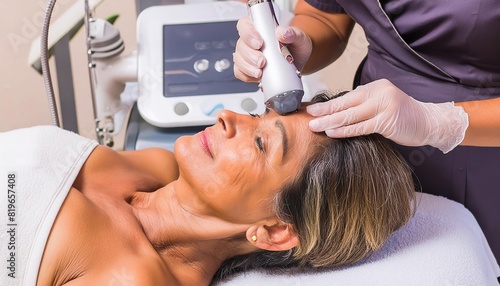 cosmetologist's hands polishing and cleansing the skin of a middle-aged woman's face using a vacuum machine