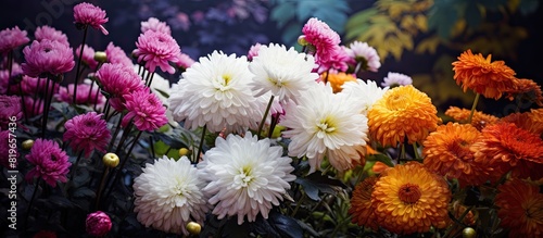 Benjamas flowers in the garden with beautiful chrysanthemums mums and chrysanths with a copy space image photo