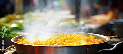 Street food A copy space image of freshly cooked corn with steam rising from the pan photo