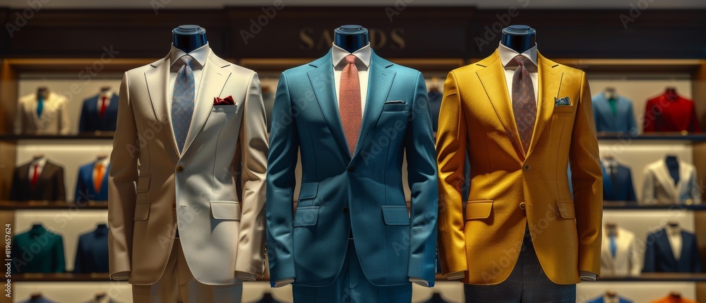 Display of elegant men's suits in various colors on mannequins in a high-end clothing store, showcasing style and sophistication.