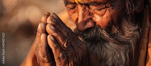 An elderly man with gray hair prays in the sunset with folded arms and closed eyes. Close-up. photo