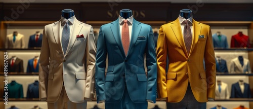 Display of elegant men's suits in various colors on mannequins in a high-end clothing store, showcasing style and sophistication.