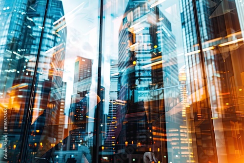 A photo that conveys the bright energy of a city filled with tall buildings and busy traffic  an abstract image of construction in the city of the future with a double exposure.
