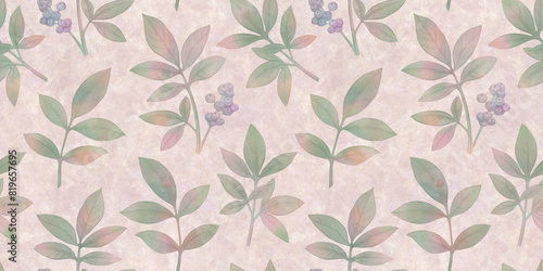 seamless botanical background of leaves, hand-drawn watercolor pattern, abstract illustration for wallpaper and packaging design, leaves on branches collected in an endless ornament