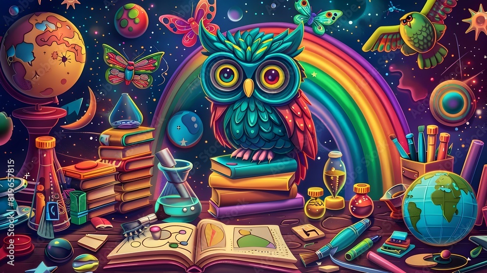 Whimsical Owl Guardian Presides Over Magical Cosmic Realm of Books Potions and Celestial Phenomena