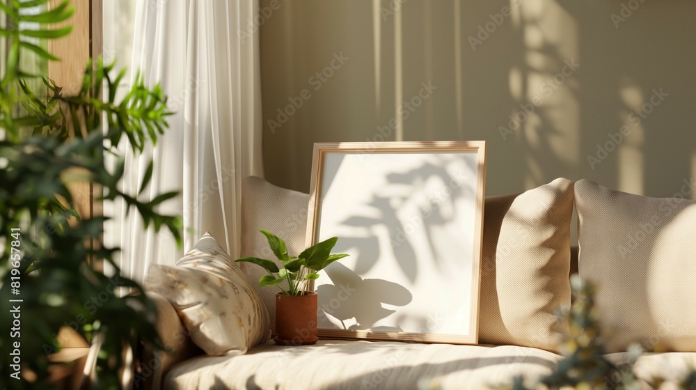 Small standing frame mockup, cozy sofa background Small standing frame mockup, cozy sofa background