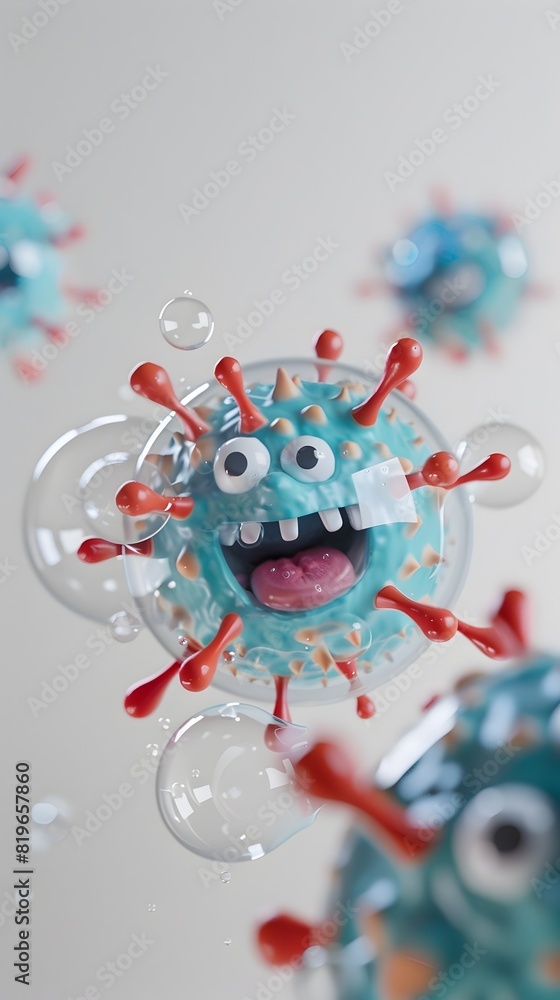 Cheerful Antivirus Bubble Washing Away Adorable Virus Character on White Background