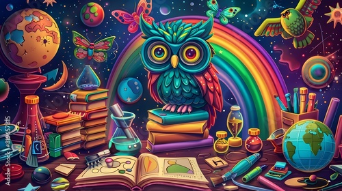 Whimsical Owl Guardian Presides Over Magical Cosmic Realm of Books Potions and Celestial Phenomena