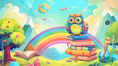 Whimsical Owl Perched on Books Under Rainbow in Enchanting Landscape