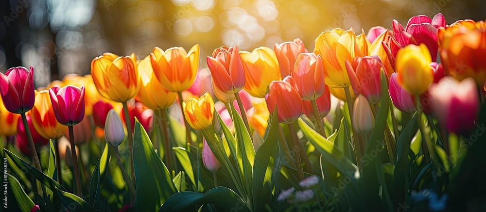 Dutch tulips in vivid spring colors from Keukenhof Park as a background with copy space image Dutch tulips in vivid spring colors from Keukenhof Park as a background with copy space image