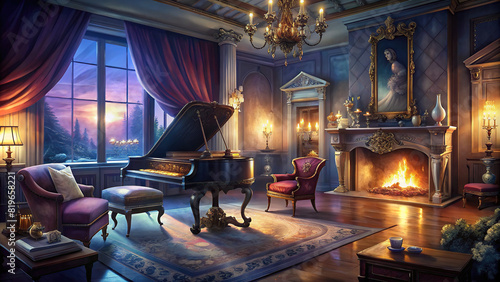Elegant living room with a grand piano, velvet armchairs, and ornate fireplace photo