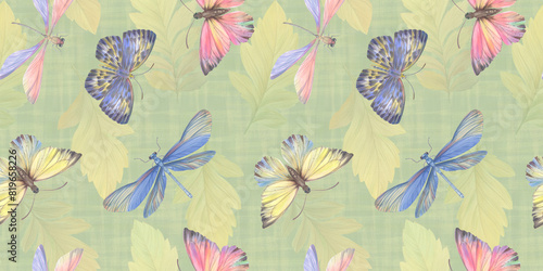 butterflies and dragonflies seamless pattern drawn in watercolors in digital processing  for the design of wallpaper  wrapping paper  textiles  delicate repeating pattern of flying insects