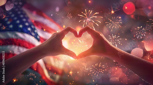 Hands forming a heart shape with fireworks and an American flag in the background photo
