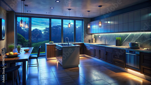 Elegant modern kitchen with sleek countertops, stainless steel appliances, and abundant natural light photo