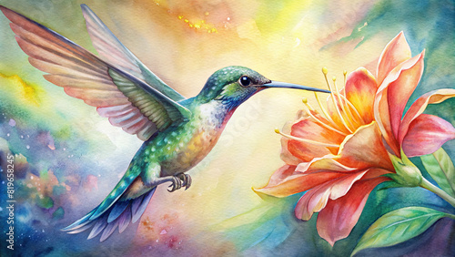 Close-up of a hummingbird sipping nectar from a vibrant flower, with its iridescent feathers shimmering in the sunlight  #819658245