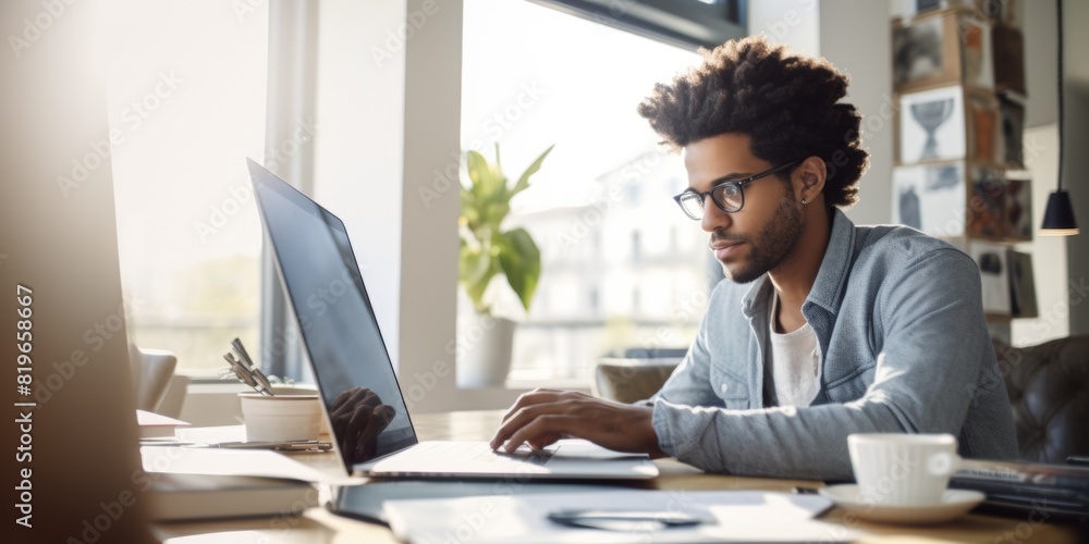 A young guy in headphones works on a computer at a table at home. Generative AI. A young guy in headphones works on a computer at a table at home. Generative AI.