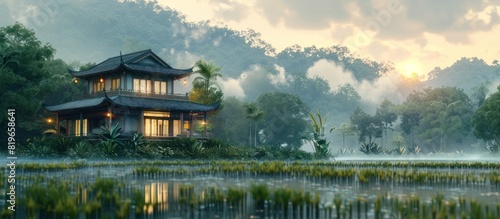 Traditional Asian TwoStory Home in a Peaceful Rice Field A Serene D Rendering photo