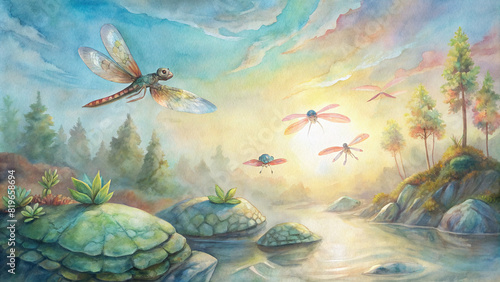 Dragonflies flit above the shimmering surface, while a family of turtles basks lazily on a sun-warmed rock