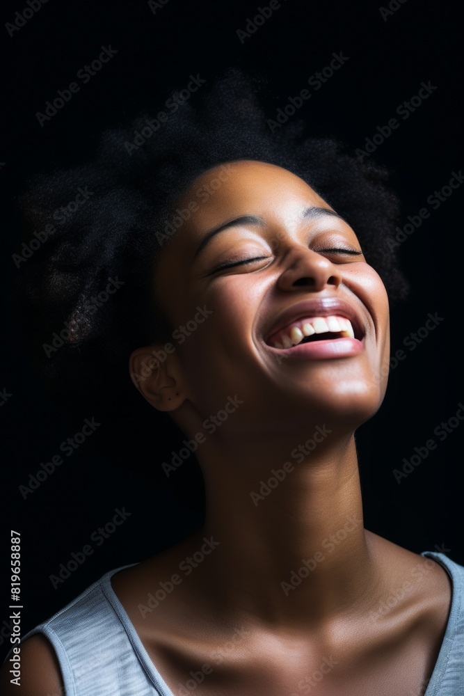 Close-up portrait of an African-American girl against a wall, laughing with her head thrown back, happy. Generative AI. Close-up portrait of an African-American girl against a wall, laughing with her head thrown back, happy. Generative AI.
