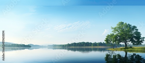 Tranquil lake scene with gentle ripples trees in the distance and a serene atmosphere on a summer day with a light breeze perfect as a copy space image