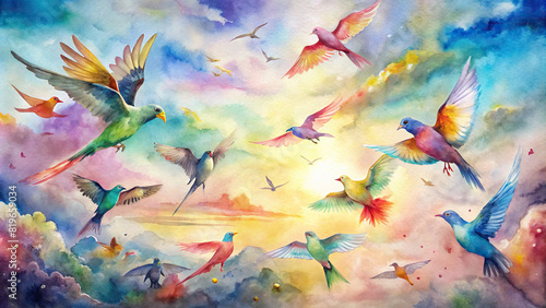 A colorful watercolor painting capturing the vibrant life of a bustling aviary, with birds of all feathers taking flight against a pastel sky backdrop photo
