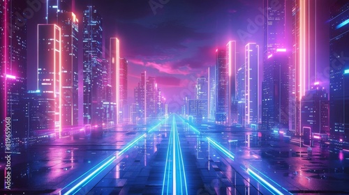 Futuristic cityscape with glowing neon lights and Pride elements around the edges  central area left blank for text