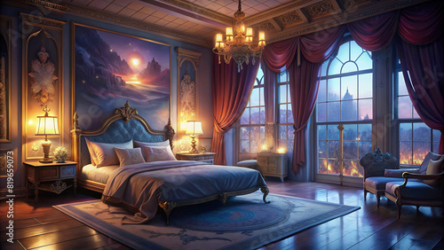 Elegant bedroom interior with luxurious bedding and clear, unobstructed windows photo