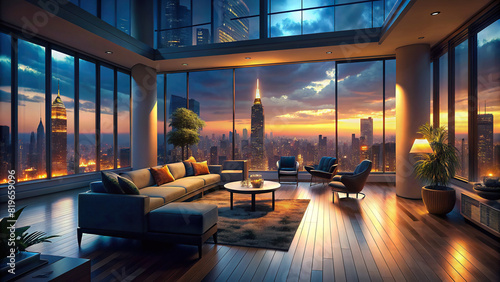 High-end penthouse interior with floor-to-ceiling windows  designer furniture  and breathtaking views of the skyline.