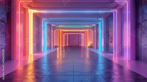 Futuristic interior with sleek  rainbow designs around the edges  central area left blank for text