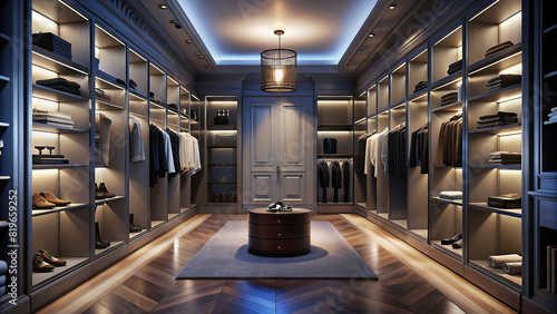 Expansive walk-in closet with custom shelving and elegant lighting, organized and spacious photo