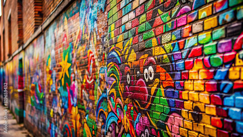 A close-up shot of graffiti tags and colorful doodles covering a brick wall, showcasing the spontaneous creativity of street art © rattinan