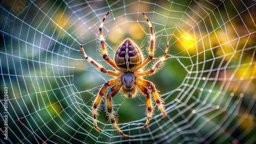 Detailed image of a spider spinning silk threads, with intricate web architecture visible