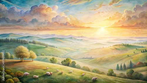 Full-wall mural of a peaceful countryside scene with rolling hills, grazing sheep, and a colorful sunrise painting the sky 