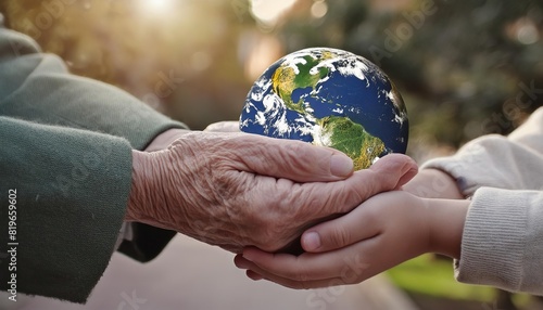  Old senior hands giving Earth to a young child. Earth Day environment concept. save world 