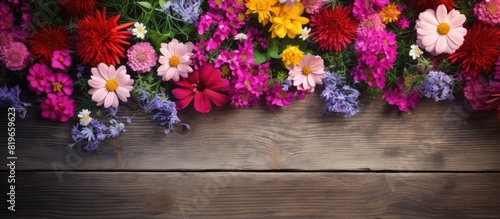 Top down view of garden flowers against a wooden backdrop with ample copy space image available