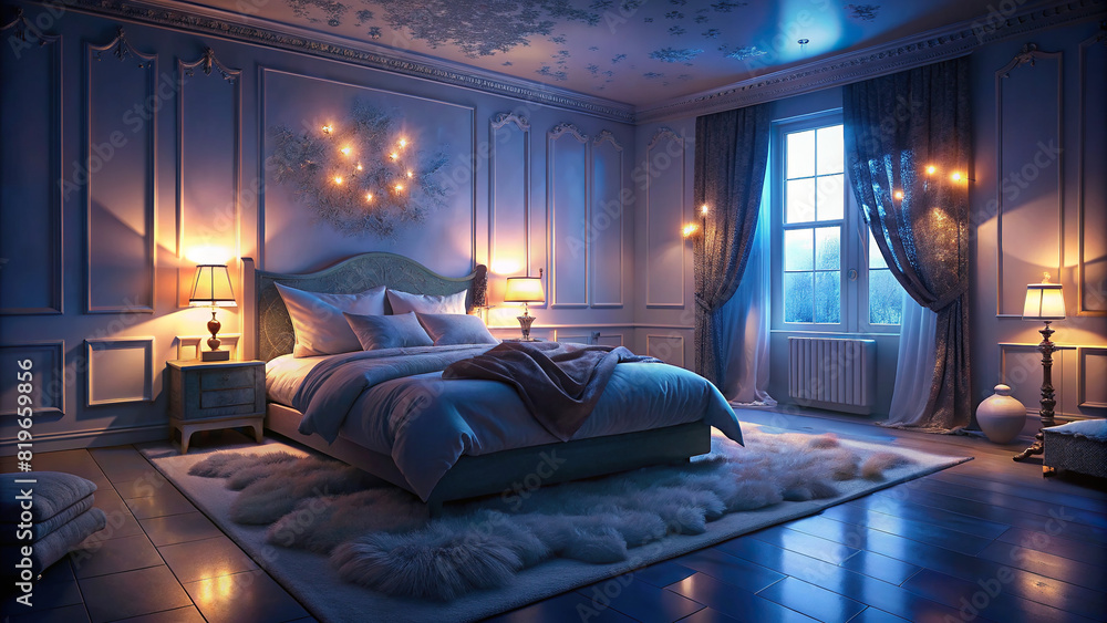 Luxurious bedroom with plush bedding and soft lighting, clear and serene atmosphere