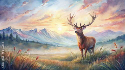 A majestic stag stands proudly amidst a field of tall grass, its antlers reaching towards the sky as the sun sets behind the mountains. © Woonsen