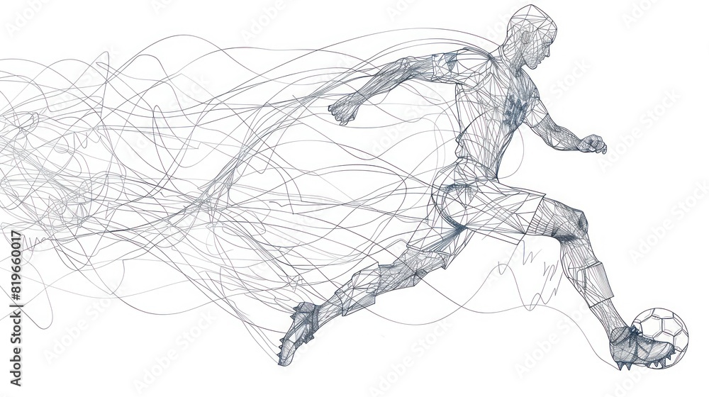 Football player figure line art. Human action on motion lines. Dribbling the ball.