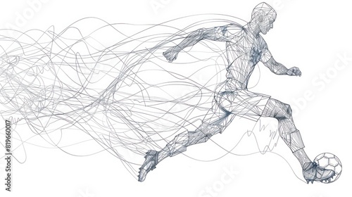 Football player figure line art. Human action on motion lines. Dribbling the ball.