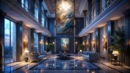 Luxurious penthouse interior featuring high ceilings, marble floors, and contemporary artwork adorning the walls.