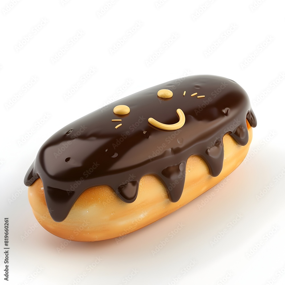 Delightful Chocolate-Glazed Eclair with a Cheerful Expression on a Pure White Background Delightful Chocolate-Glazed Eclair with a Cheerful Expression on a Pure White Background