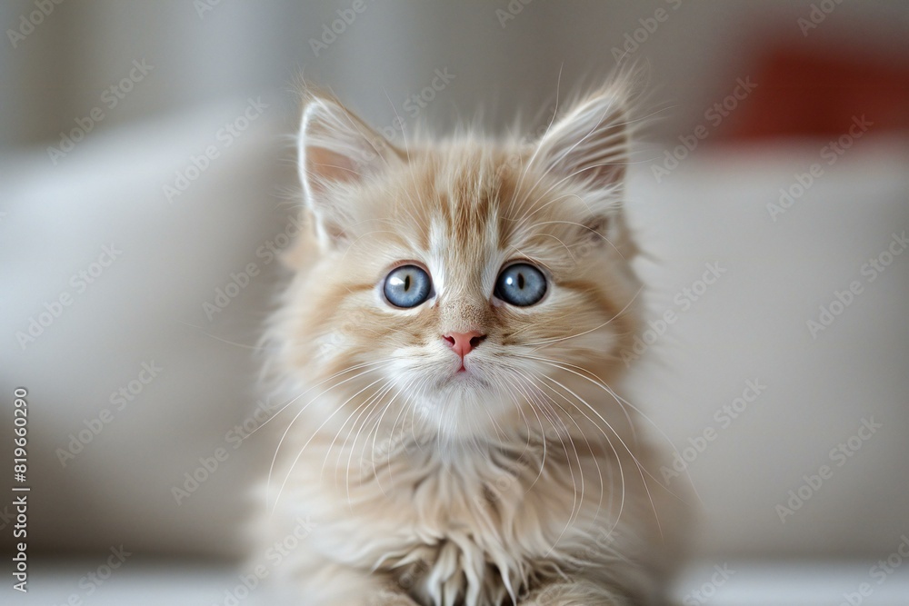 Illustration of  cute fluffy kitten with blue eyes looking at camera