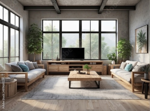 Cozy home interior  industrial style living room with natural wooden furniture
