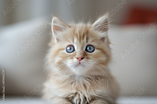 Illustration of cute fluffy kitten with blue eyes looking at camera