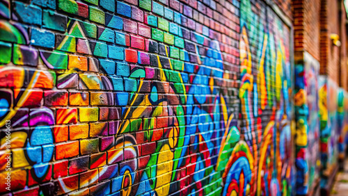 Detailed close-up of graffiti tags covering a brick wall  showcasing the intricate patterns and vibrant colors of urban street art