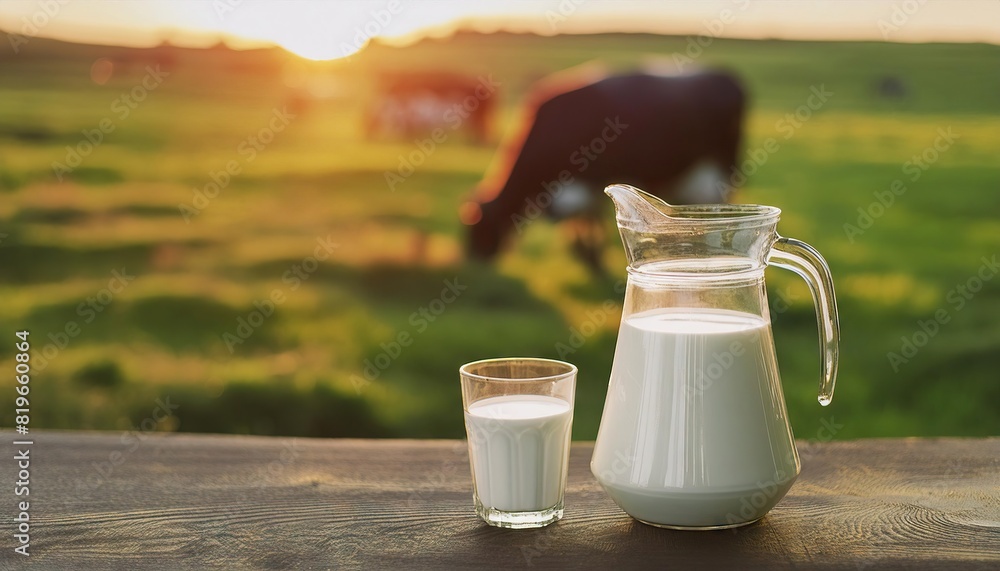 Milk in transparent glass jug on background sun green landscape with cow. Natural cow milk with farming Milk in transparent glass jug on background sun green landscape with cow. Natural cow milk with farming