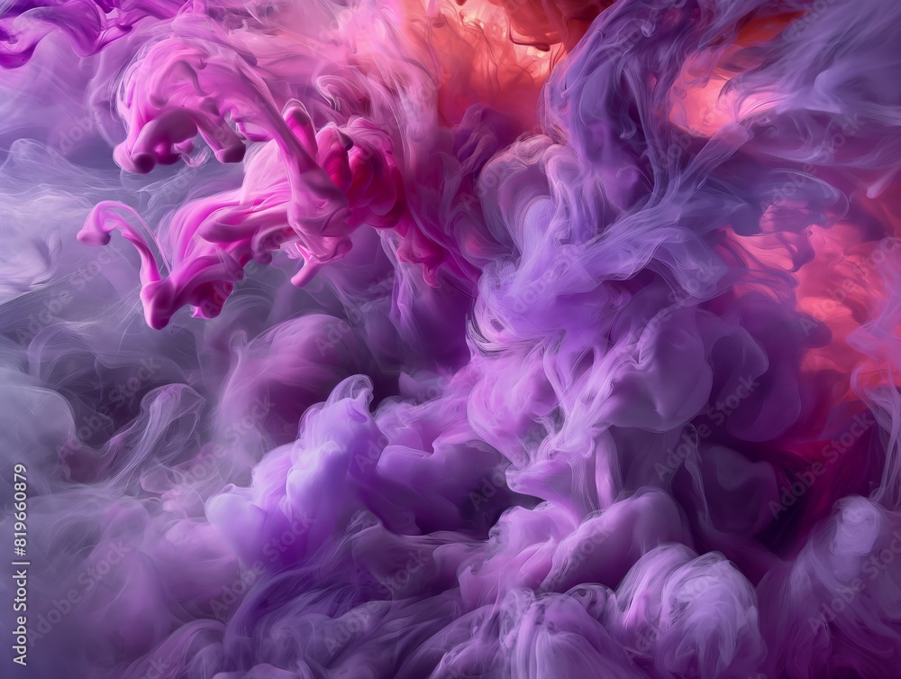 Swirling pink and purple ink in water creating a mesmerizing abstract pattern with vibrant colors.
